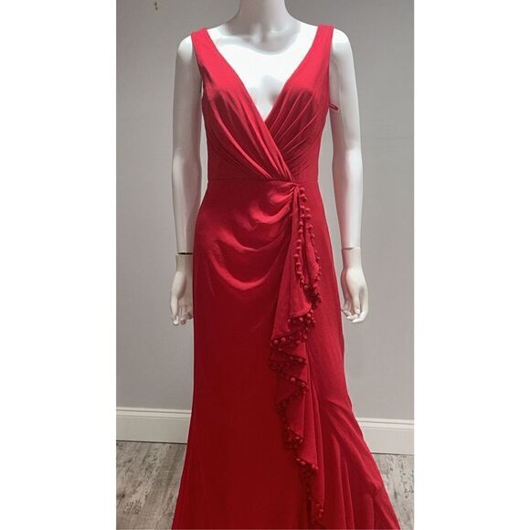 Badgley Mischka Red V-neck Ruffle Pom Pom Gown Size 8 - Picture 3 of 9